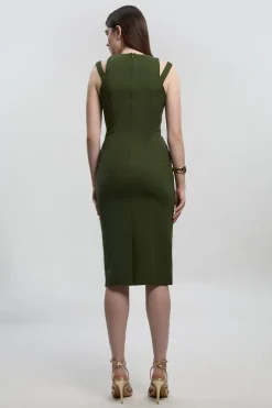 Robe Crayon Mi-Longue en Ponte avec Détail Ceinture