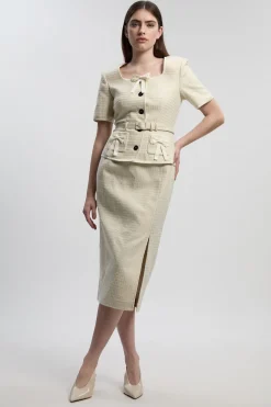 Robe Crayon Mi-Longue en Tweed Ajusté avec Détail Nœud