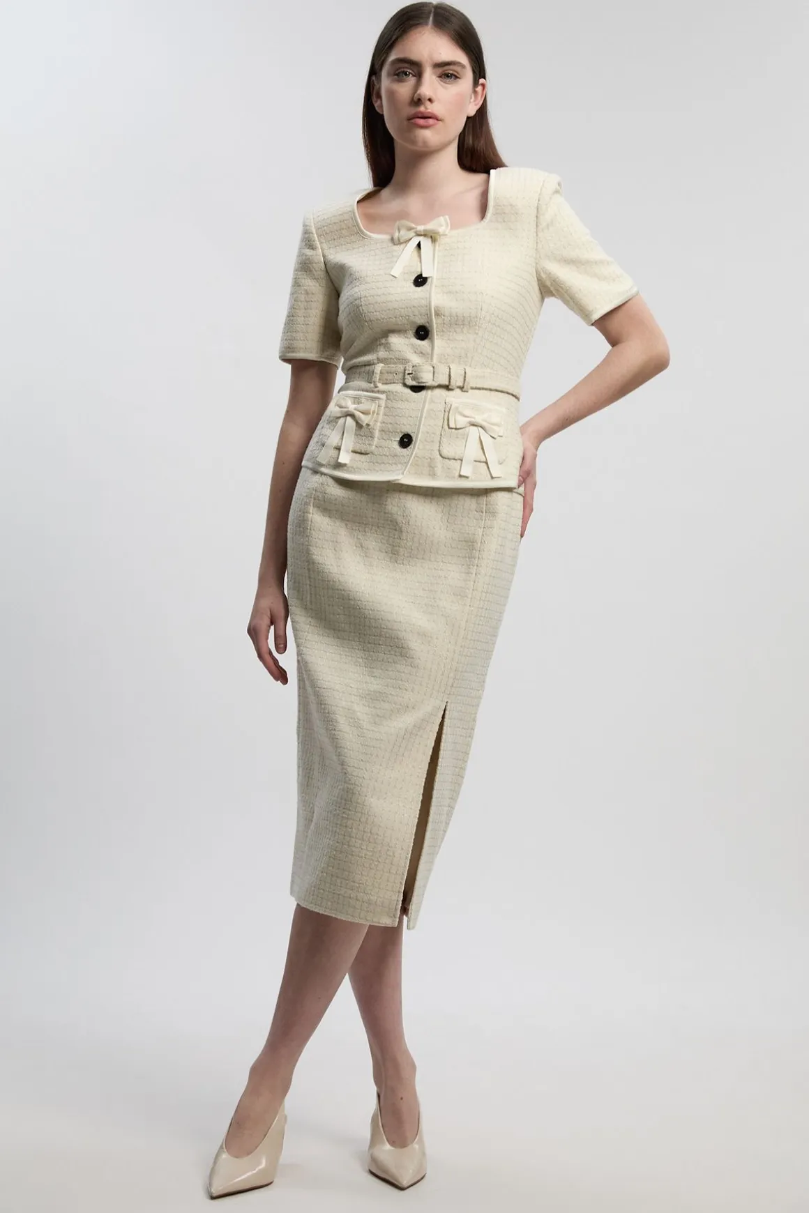 Robe Crayon Mi-Longue en Tweed Ajusté avec Détail Nœud