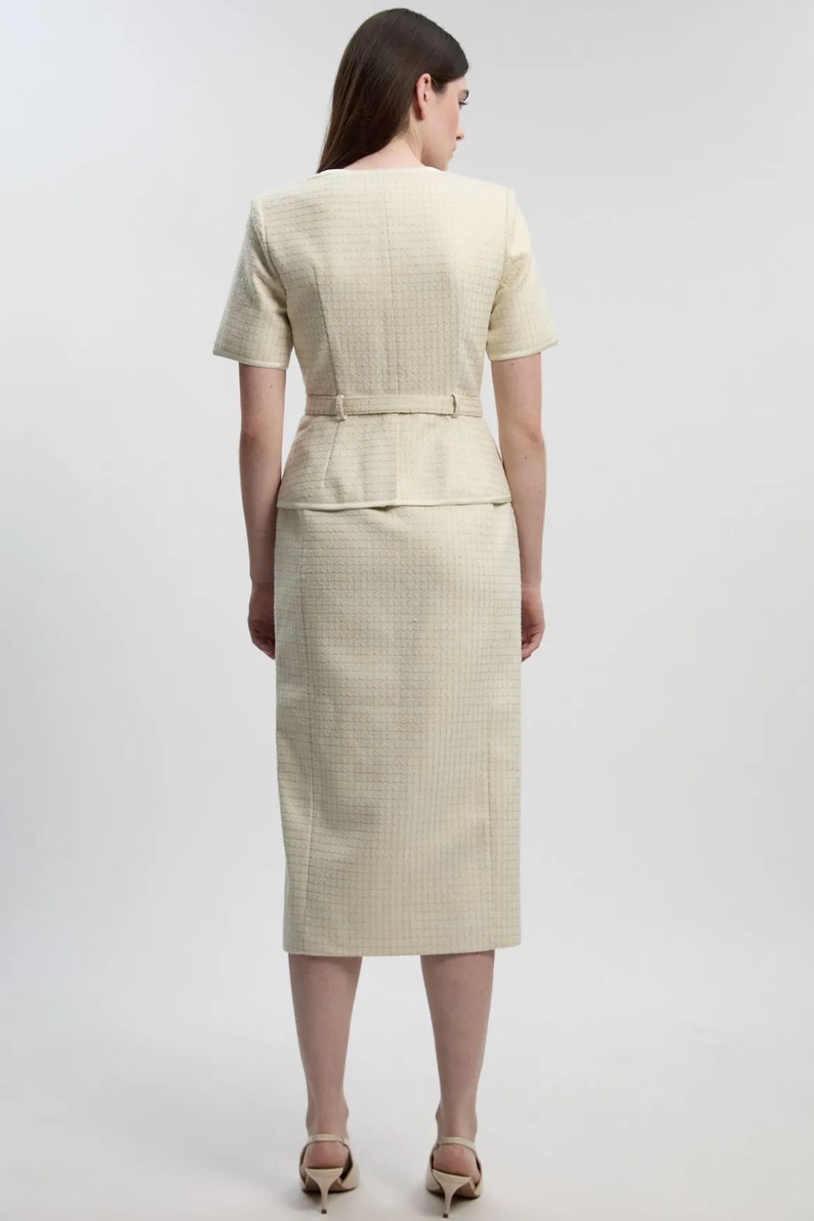 Robe Crayon Mi-Longue en Tweed Ajusté avec Détail Nœud