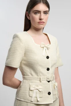 Robe Crayon Mi-Longue en Tweed Ajusté avec Détail Nœud