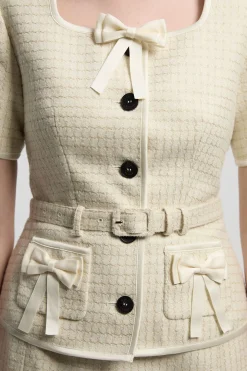 Robe Crayon Mi-Longue en Tweed Ajusté avec Détail Nœud