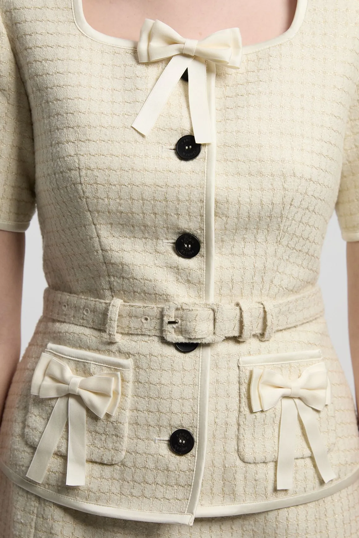 Robe Crayon Mi-Longue en Tweed Ajusté avec Détail Nœud