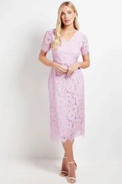 Robe Crayon Mi-Longue Petite Taille avec Détails de Coutures en Dentelle