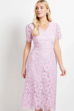 Robe Crayon Mi-Longue Petite Taille avec Détails de Coutures en Dentelle