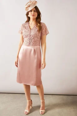 Robe Crayon Mi-Longue à Superposition de Dentelle