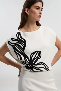 Robe Crayon Mi-Longue Tricotée avec Broderie Cornelli Appliquée