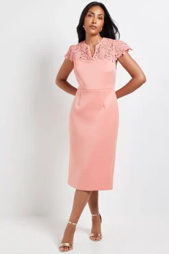 Robe Crayon Petite en Scuba avec Manches en Dentelle