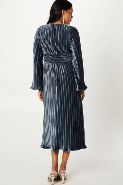 Robe Crayon Plissée en Velours à Manches Longues