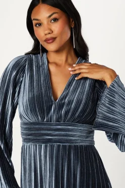Robe Crayon Plissée en Velours à Manches Longues