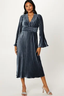 Robe Crayon Plissée en Velours à Manches Longues