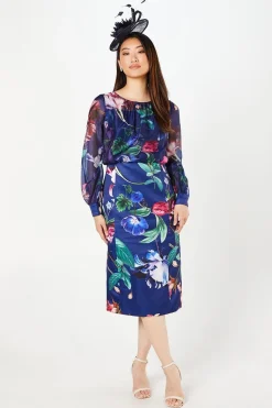 Robe Crayon Structurée en Satin et Mousseline à Encolure Carrée et Manches Ange