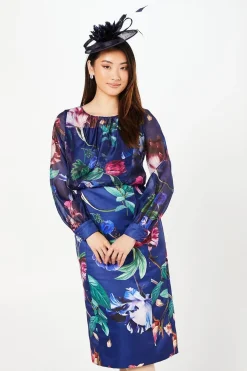 Robe Crayon Structurée en Satin et Mousseline à Encolure Carrée et Manches Ange