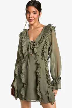 boohoo Robe décontractée en chiffon froissé à volants<Femme Robes À Manches Longues|Robes