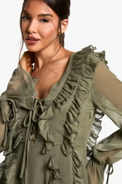 boohoo Robe décontractée en chiffon froissé à volants<Femme Robes À Manches Longues|Robes