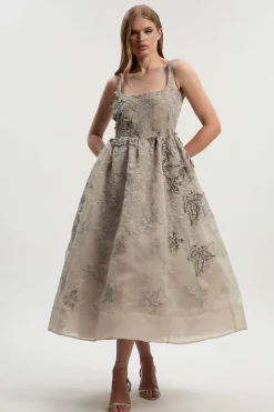 Robe de Bal Archive en Organdi Tissé avec Appliqués Brodés