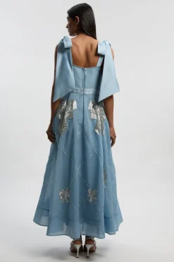 Robe de Bal Longue en Organdi à Bretelles avec Ornements de Cristaux