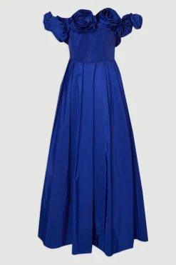 Robe de Bal Maxi Petite en Taffetas avec Rosettes Tissées Drama