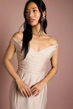 Robe de Demoiselle d'Honneur Bardot en Satin Froncé à Queue de Sirène