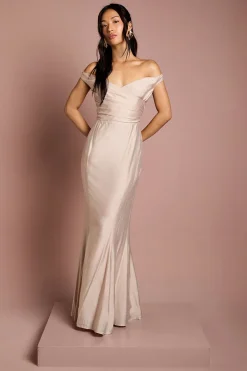 Robe de Demoiselle d'Honneur Bardot en Satin Froncé à Queue de Sirène