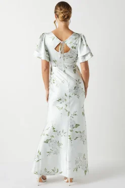 Robe de Demoiselle d'Honneur Dahlia en Satin à Manches Évasées Imprimée