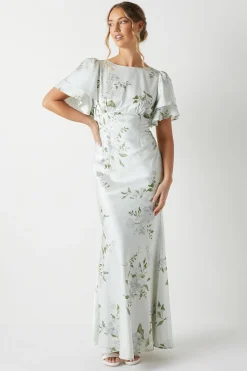 Robe de Demoiselle d'Honneur Dahlia en Satin à Manches Évasées Imprimée