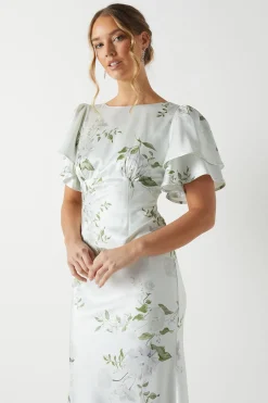 Robe de Demoiselle d'Honneur Dahlia en Satin à Manches Évasées Imprimée