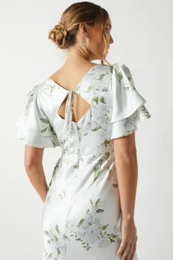 Robe de Demoiselle d'Honneur Dahlia en Satin à Manches Évasées Imprimée
