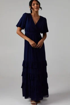 Oasis Robe de Demoiselle d'Honneur en Georgette à Col V et Manches Bouffantes Étagée<Femme Toutes Les Robes|Robes Demoiselles D'Honneur