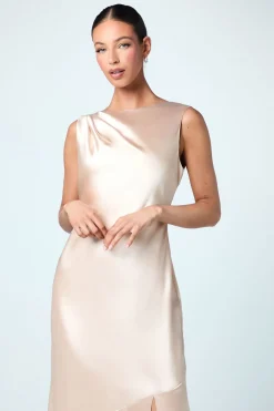 Robe de Demoiselle d'Honneur en Satin Sans Manches avec Lien Dos