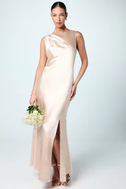 Robe de Demoiselle d'Honneur en Satin Sans Manches avec Lien Dos