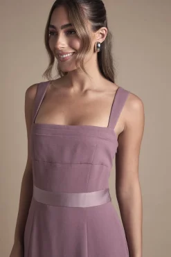 Robe de Demoiselle d'Honneur en Satin à Bretelles avec Détail de Nœud au Dos