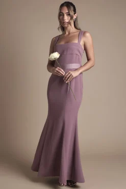 Robe de Demoiselle d'Honneur en Satin à Bretelles avec Détail de Nœud au Dos