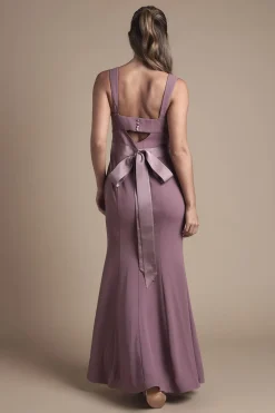 Robe de Demoiselle d'Honneur en Satin à Bretelles avec Détail de Nœud au Dos
