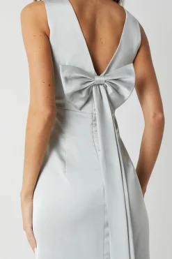 Robe de Demoiselle d'Honneur en Satin à Encolure en V et Nœud au Dos