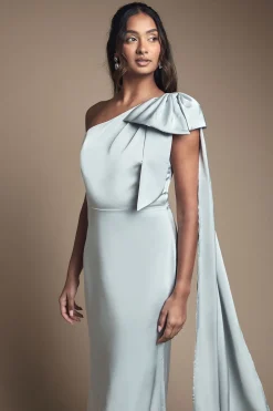 Robe de Demoiselle d'Honneur en Satin à Une Épaule avec Détail Nœud et Drapé