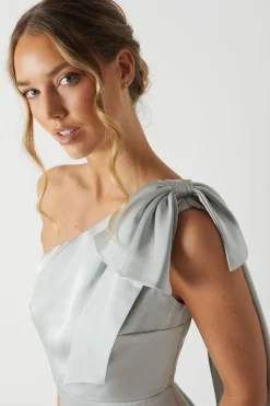 Robe de Demoiselle d'Honneur en Satin à Une Épaule avec Détail Nœud et Drapé