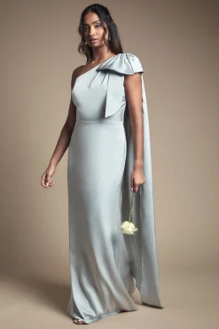 Robe de Demoiselle d'Honneur en Satin à Une Épaule avec Détail Nœud et Drapé