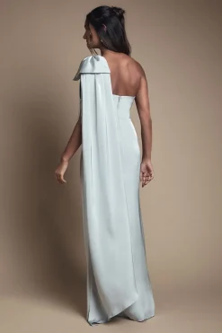 Robe de Demoiselle d'Honneur en Satin à Une Épaule avec Détail Nœud et Drapé