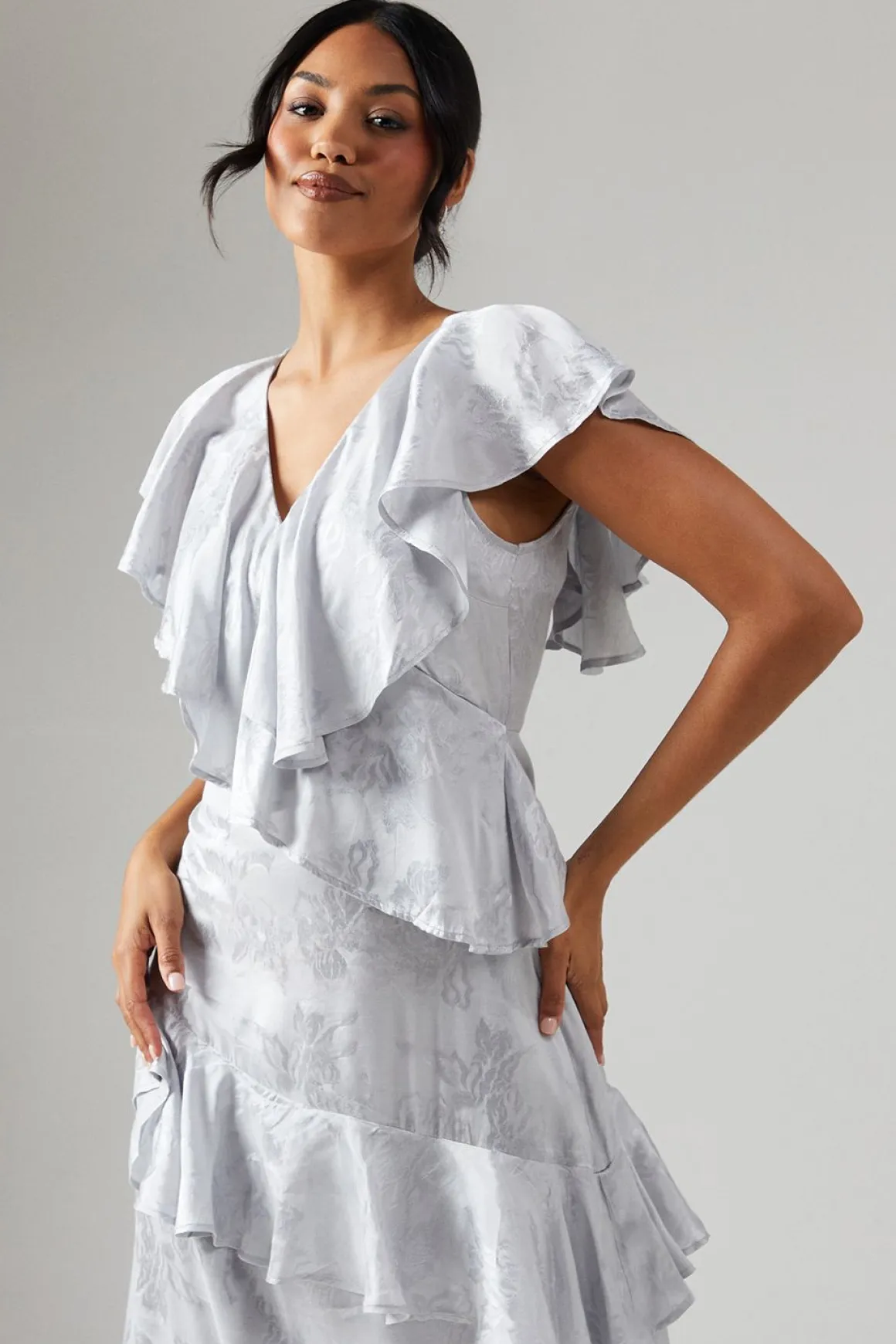 Robe de Demoiselle d'Honneur en Satin Jacquard à Détails Volantés