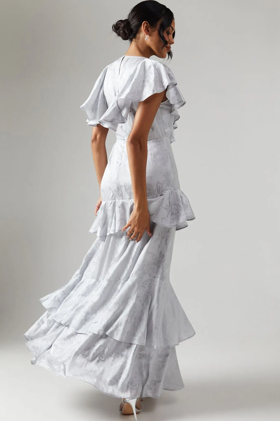 Robe de Demoiselle d'Honneur en Satin Jacquard à Détails Volantés