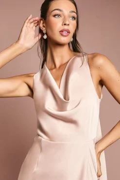 Robe de Demoiselle d'Honneur en Satin à Col Bénitier avec Drapé en Mousseline