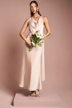 Robe de Demoiselle d'Honneur en Satin à Col Bénitier avec Drapé en Mousseline