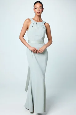 Robe de Demoiselle d'Honneur en Satin à Col Licou avec Détail de Nœud au Dos
