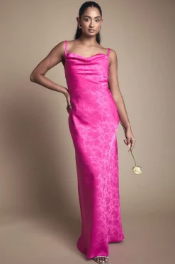 Robe De Demoiselle D'honneur En Satin Jacquard À Col Bénitier Et Doubles Bretelles