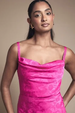 Robe De Demoiselle D'honneur En Satin Jacquard À Col Bénitier Et Doubles Bretelles