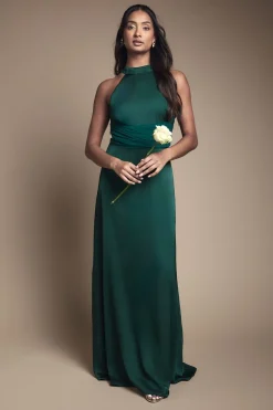 Robe de Demoiselle d'Honneur en Satin à Col Halter avec Détail Taille Drapée