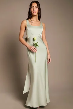 Robe de Demoiselle d'Honneur en Satin et Crêpe à Encolure Carrée avec Nœud au Dos