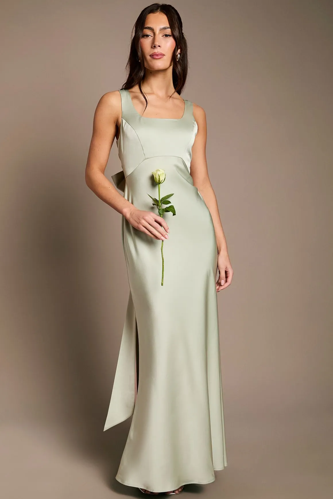 Robe de Demoiselle d'Honneur en Satin et Crêpe à Encolure Carrée avec Nœud au Dos