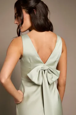 Robe de Demoiselle d'Honneur en Satin et Crêpe à Encolure Carrée avec Nœud au Dos